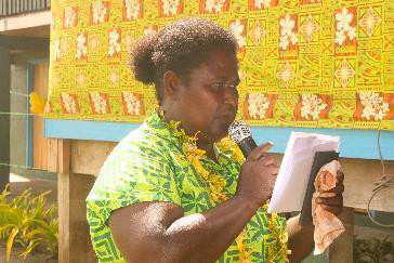 Head Mistress of Teatupa Primary School, Mrs. Margaret Barimata giving her remarks
